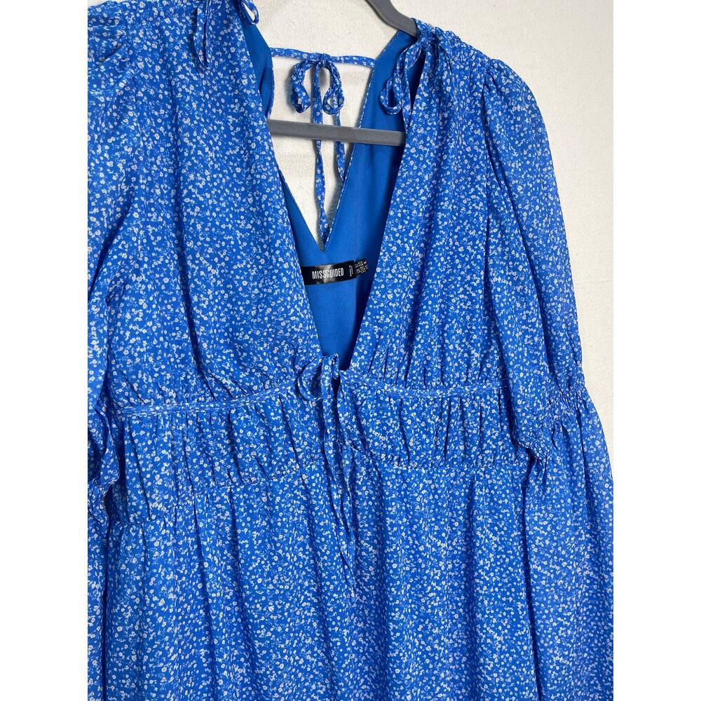 Missguided Blue Floral Flowy Mini Dress Size 8 Medium Bell Sleeve Boho - Picture 7 of 10